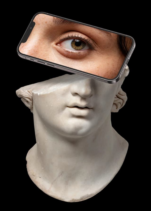 Busto com smartphone sobre os olhos representando a dobra 3